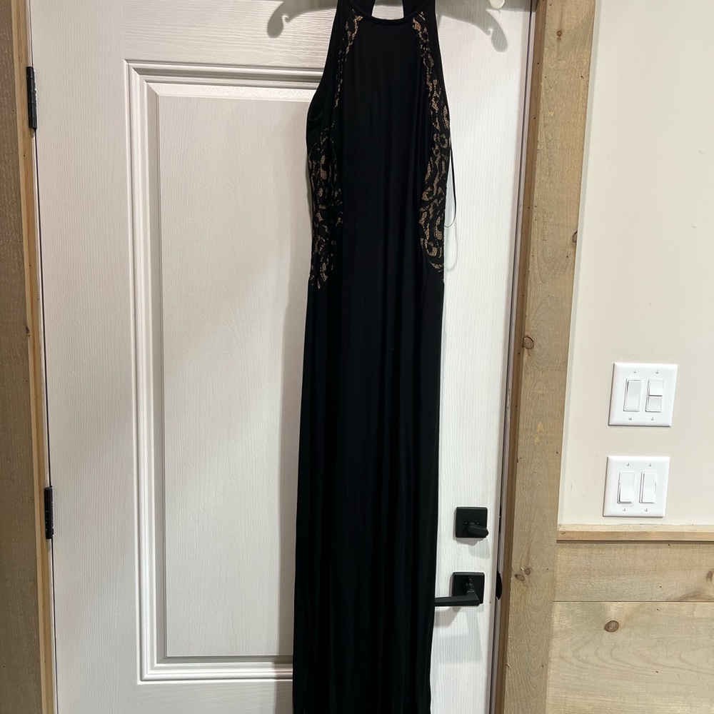 Cache Black and Gold Lace Prom Dress